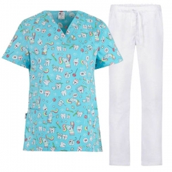 Set de lucru pentru femei BAMBINA dințișori albaștri cu pantaloni albi