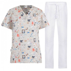 Set de lucru pentru femei BAMBINA câini și pisici cu pantaloni albi
