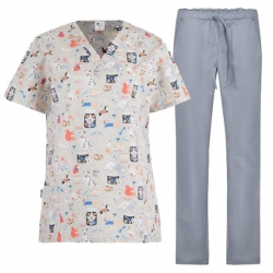 Set de lucru pentru femei BAMBINA câini/pisici cu pantaloni gri deschis