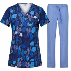 Set medical de lucru Isabella „Sea Life” cu pantaloni bleu deschis