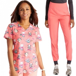 Set medical pentru femei Genuine CK637 „Animale roz” cu pantaloni Allura CKA170 culoarea rodiei