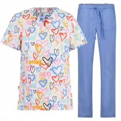 Set medical pentru damă BAMBINA Inimi colorate și pantaloni ALESSI Albastru deschis
