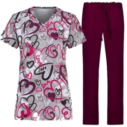 Set medical MELINA Painted Hearts și pantaloni ALESSI Bordeaux