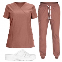 Set medical din 3 piese tunică și pantaloni NOBBY Mauve și saboți GF Lady Albi
